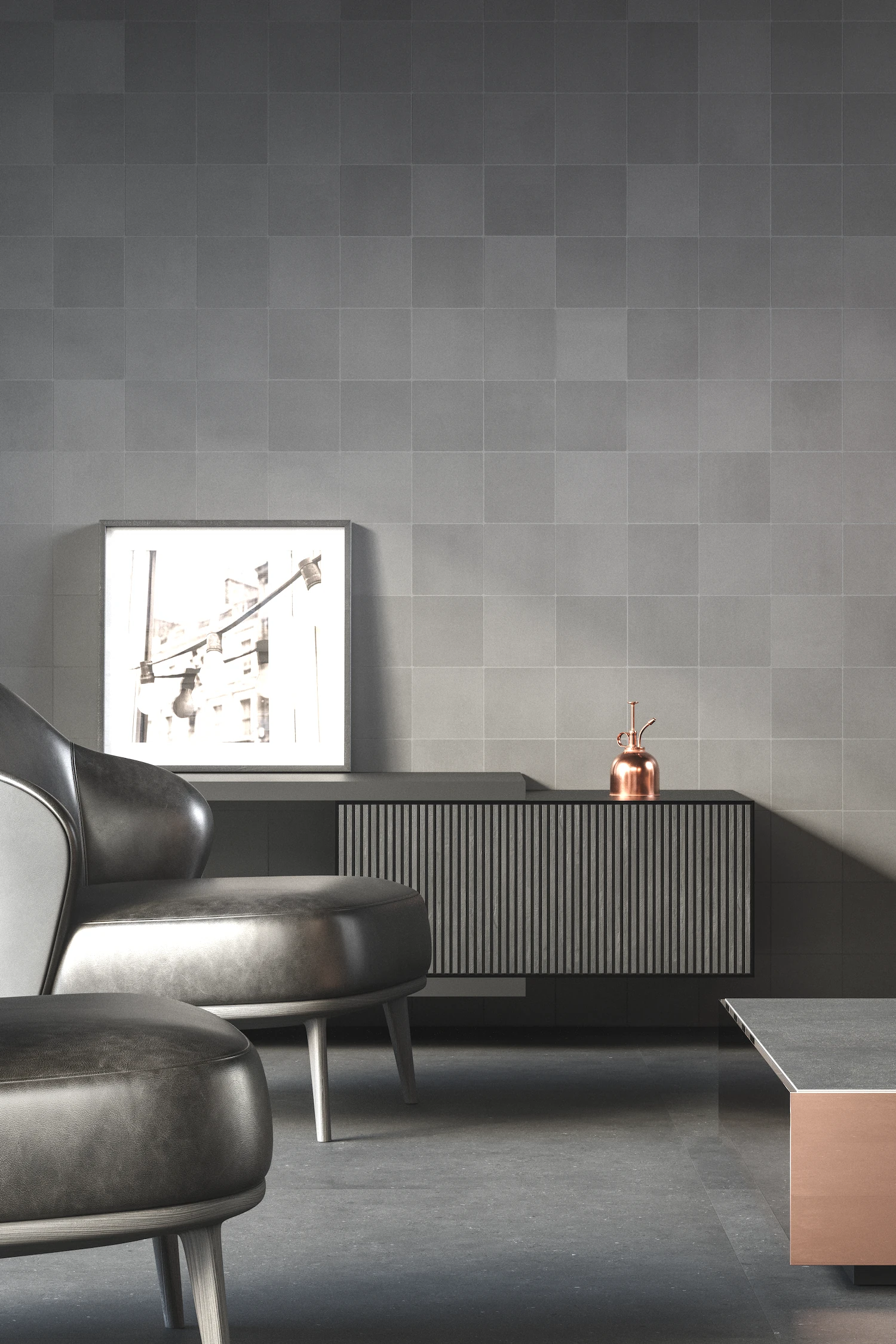 Revestimiento de pared para salón con azulejos efecto cemento gris, mostrando la textura matérica y las variaciones de tono naturales del modelo Urban