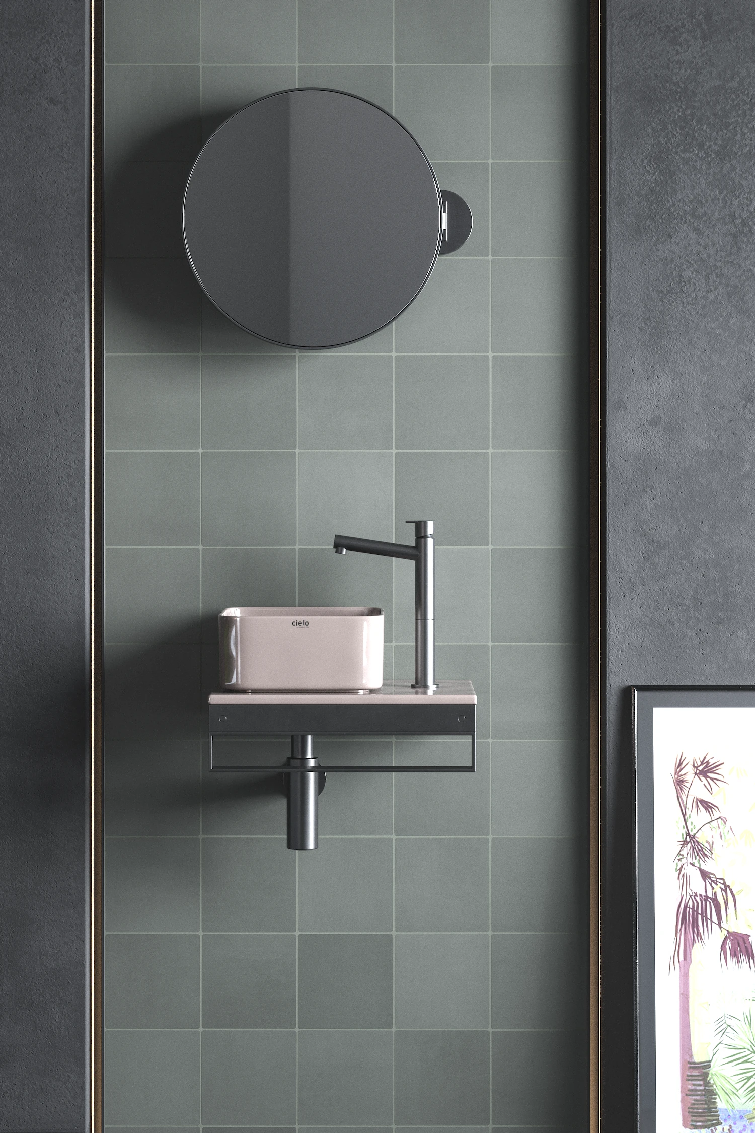 Baño de diseño moderno con paredes de azulejos de cemento Verde Caqui, estética orgánica y minimalista