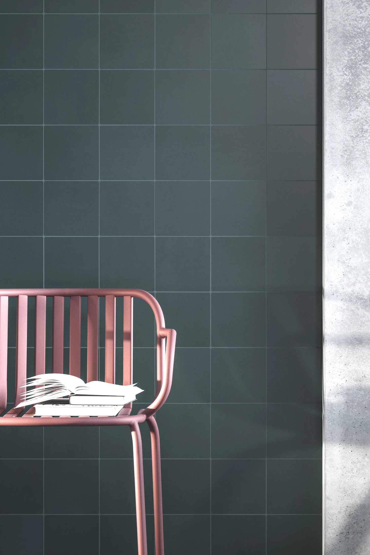 Revestimiento de cocina con azulejos artesanales en color Verde Lago, formato 15x15 cm y acabado mate natural