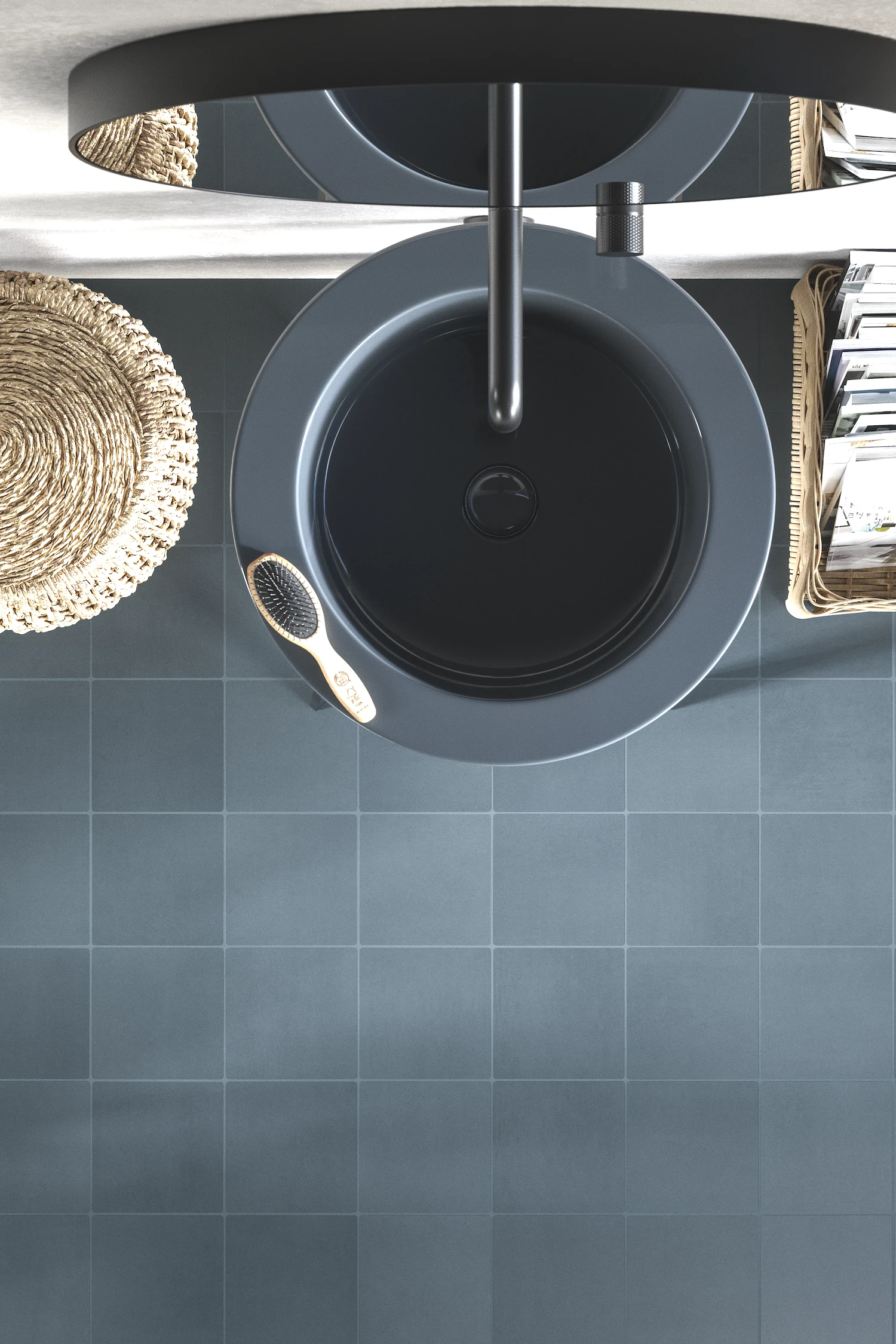 Suelo de baño de estilo nórdico con baldosas de hormigón fino Azul Glaciar, creando una atmósfera luminosa