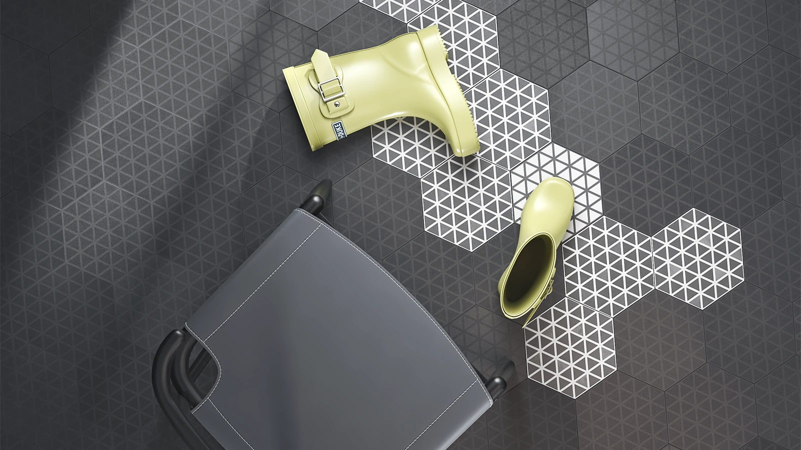Suelo hecho de azulejos hexagonales blancos y negros