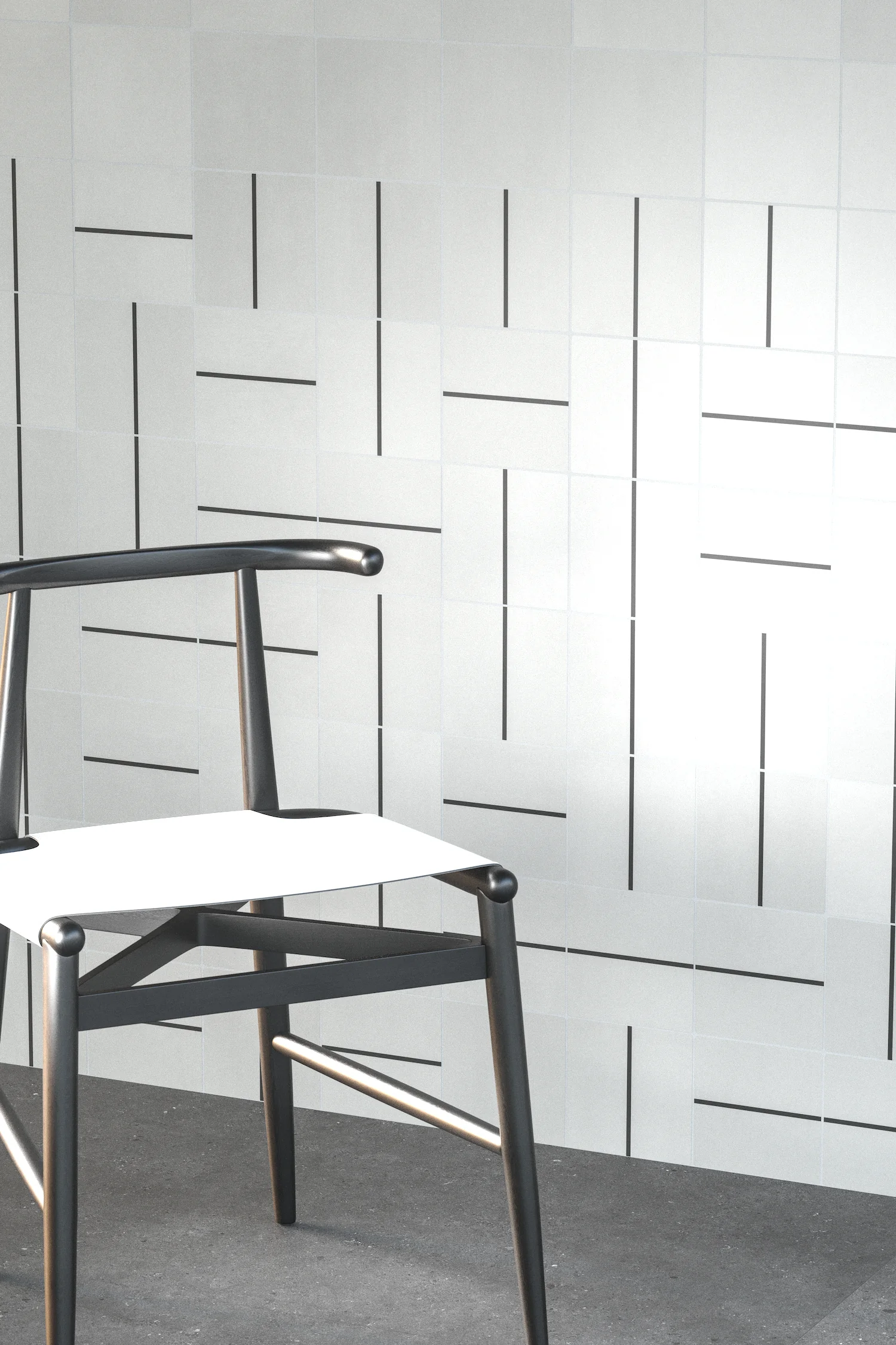 Revestimiento de pared de cocina moderna a media altura con azulejos decorados Epoque en disposición aleatoria combinados con la base de cemento blanco Urban que cierra hasta el techo