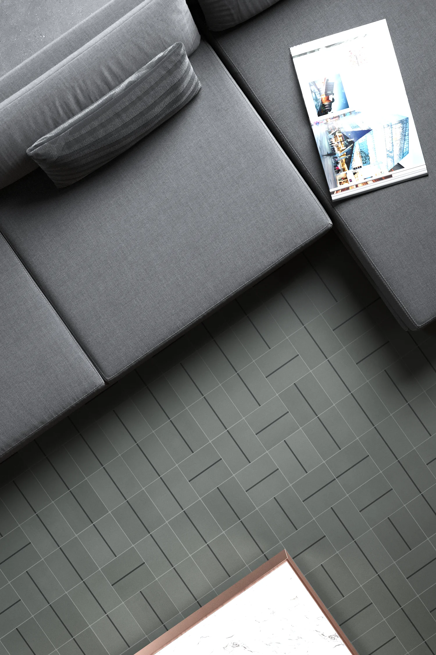 Suelo de salón contemporáneo con pavimento de azulejos artesanales verde caqui y línea antracita en contraste con mobiliario gris