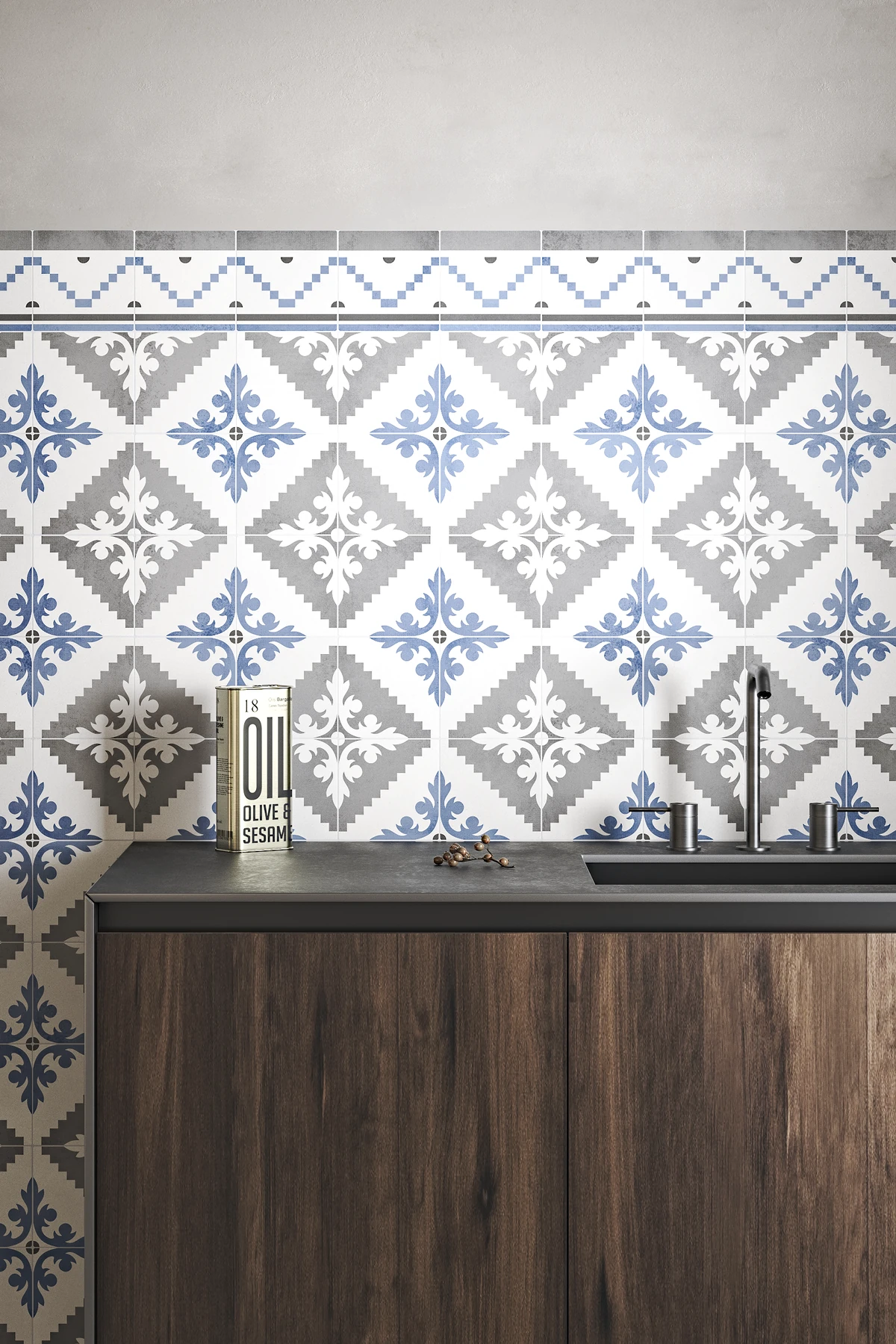 Dgeum | Azulejos cocina Pared de cocina con azulejos decorativos en colores blanco, gris y azul