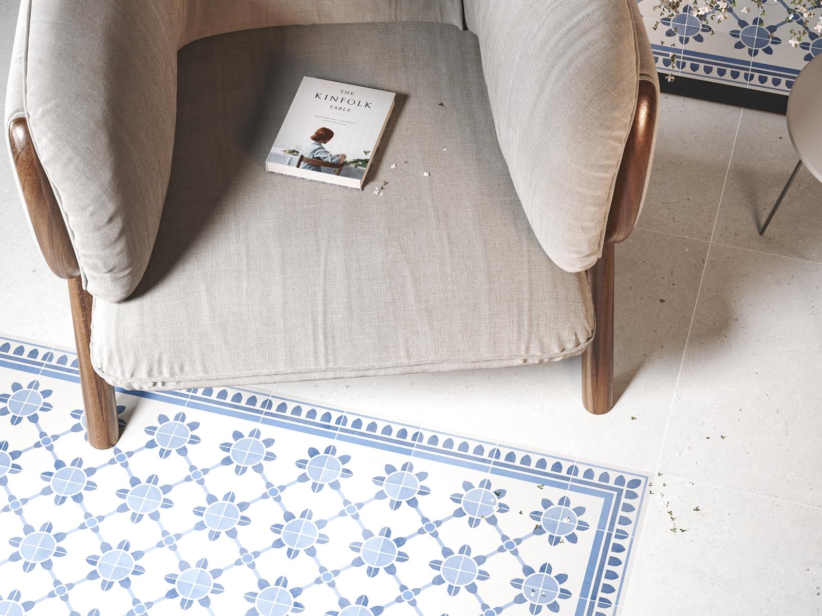 Azulejos decorativos para baños en color blanco y azul con diseños personalizados