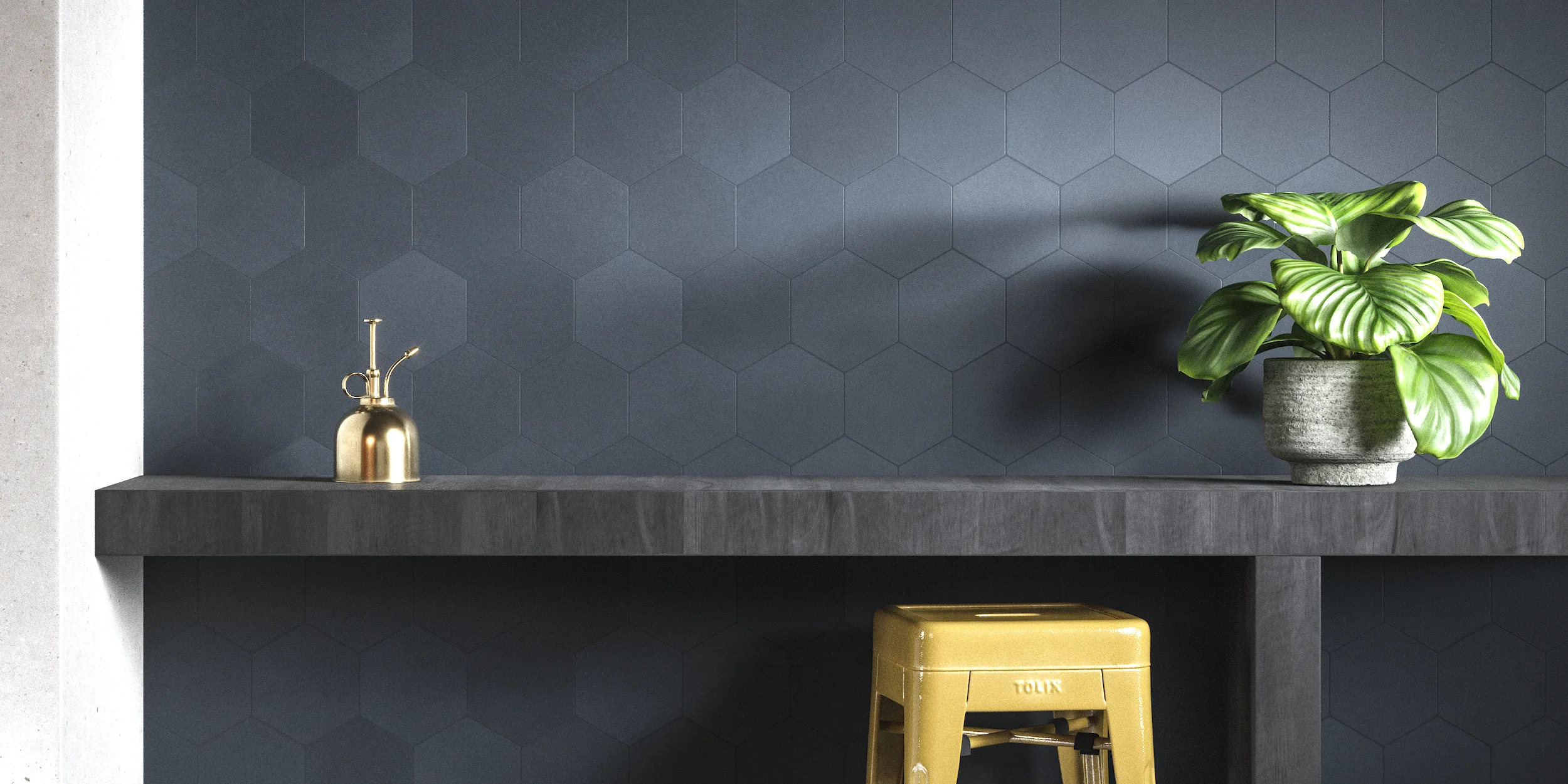 Cocina industrial azul cobalto Frente de cocina decorado con azulejos hexagonales azul cobalto de estética industrial y urbana