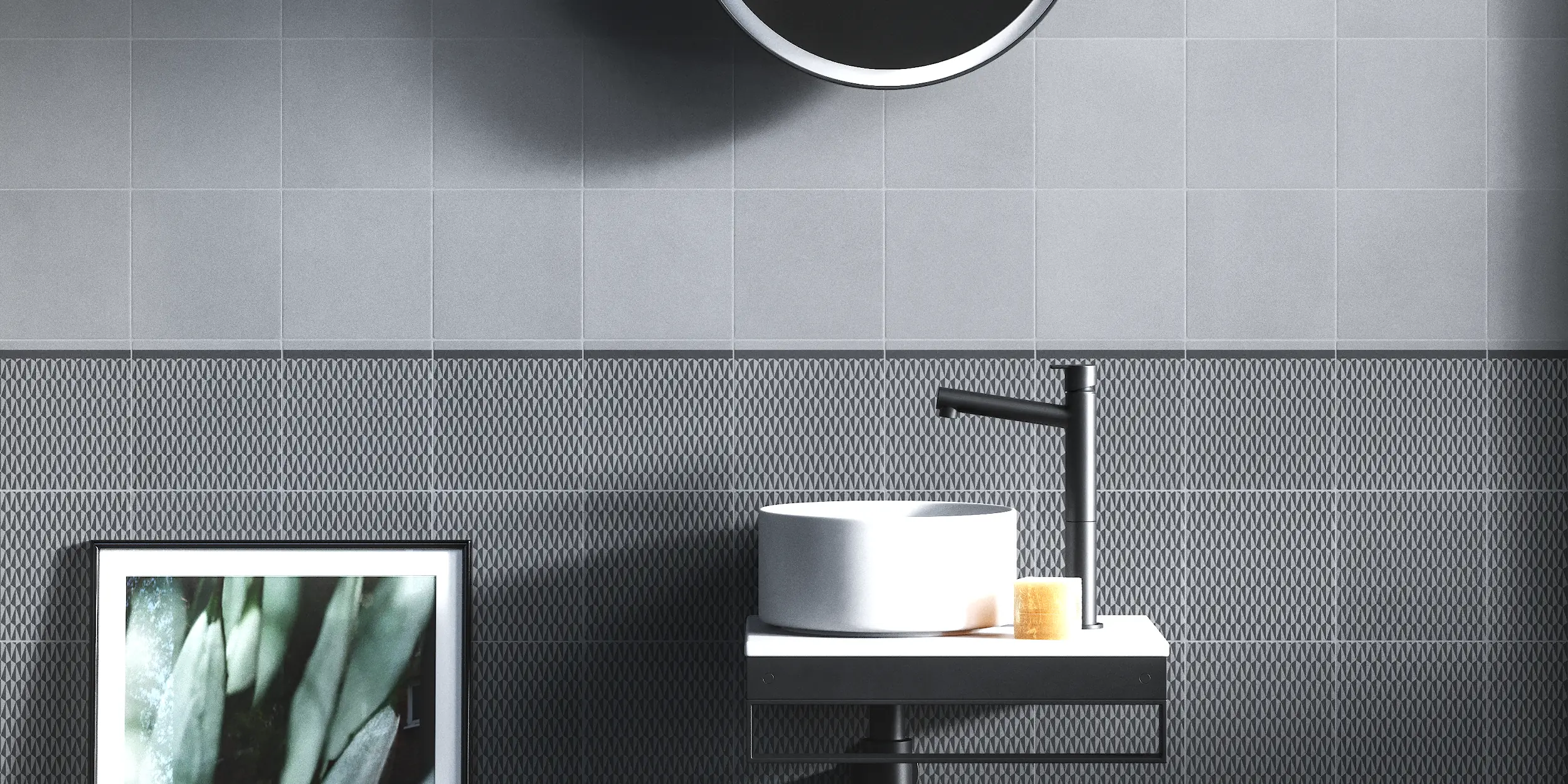 Baño en gris mineral Ambiente de baño con revestimiento de azulejos gris natural mate