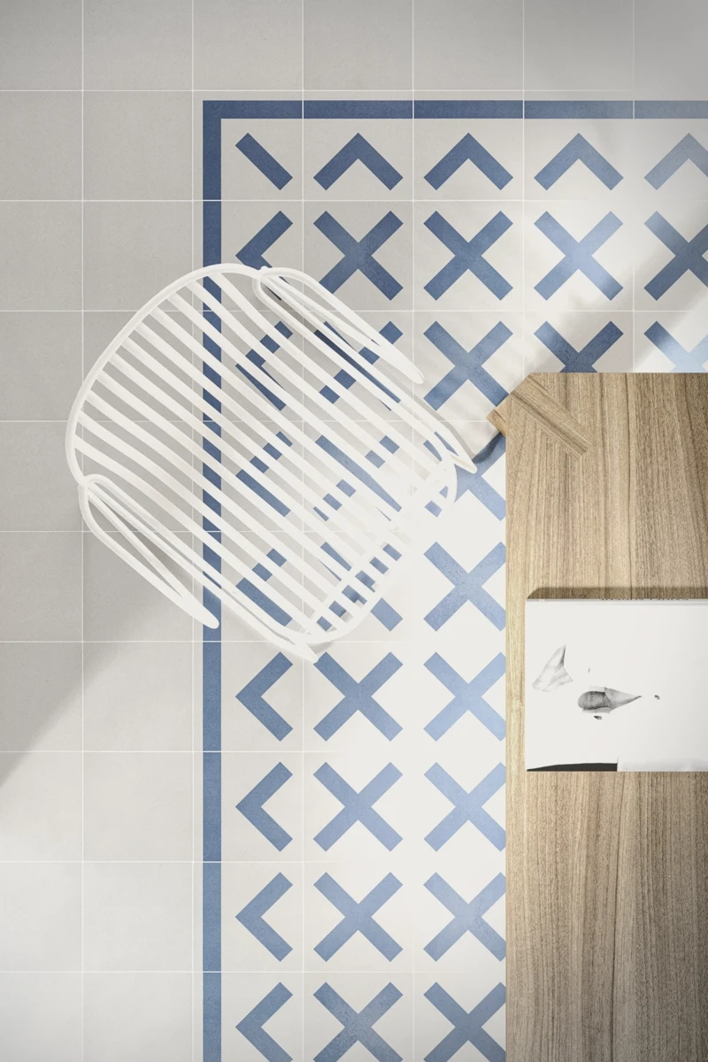 Suelo de cocina con pavimento para interiores en colores blanco y azul