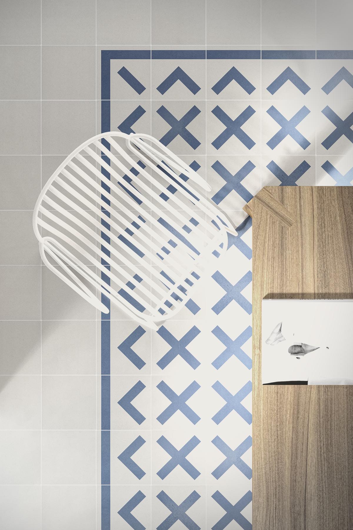 Suelo de cocina con pavimento para interiores geométrico en colores blanco y azul