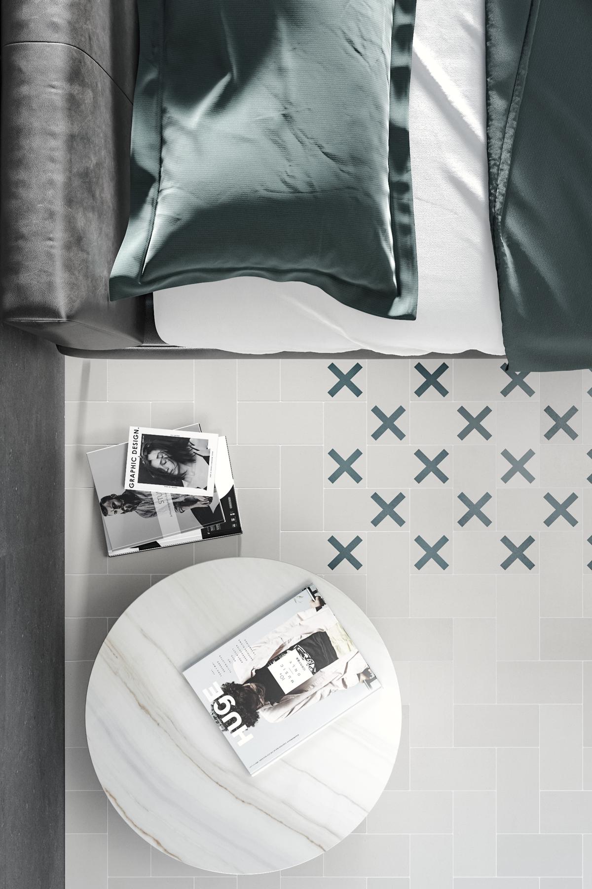 Pavimento interior de cemento blanco y diseño geométrico en color verde