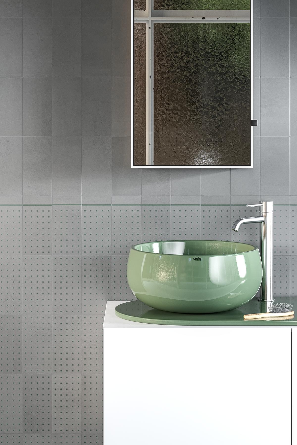 Pared del cuarto de baño realizada con azulejos de diseño minimalista