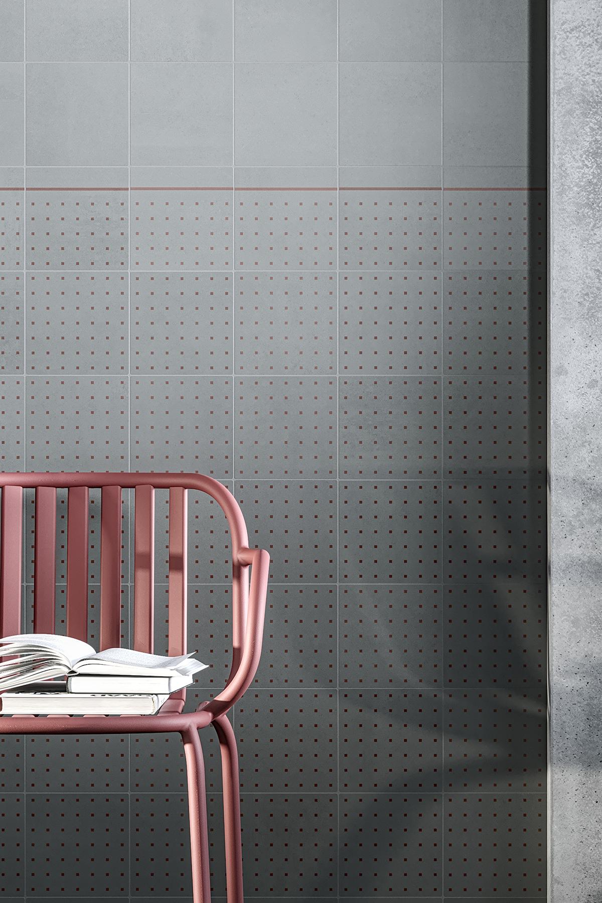 Pared realizada con azulejos de cemento con diseño en color rojo