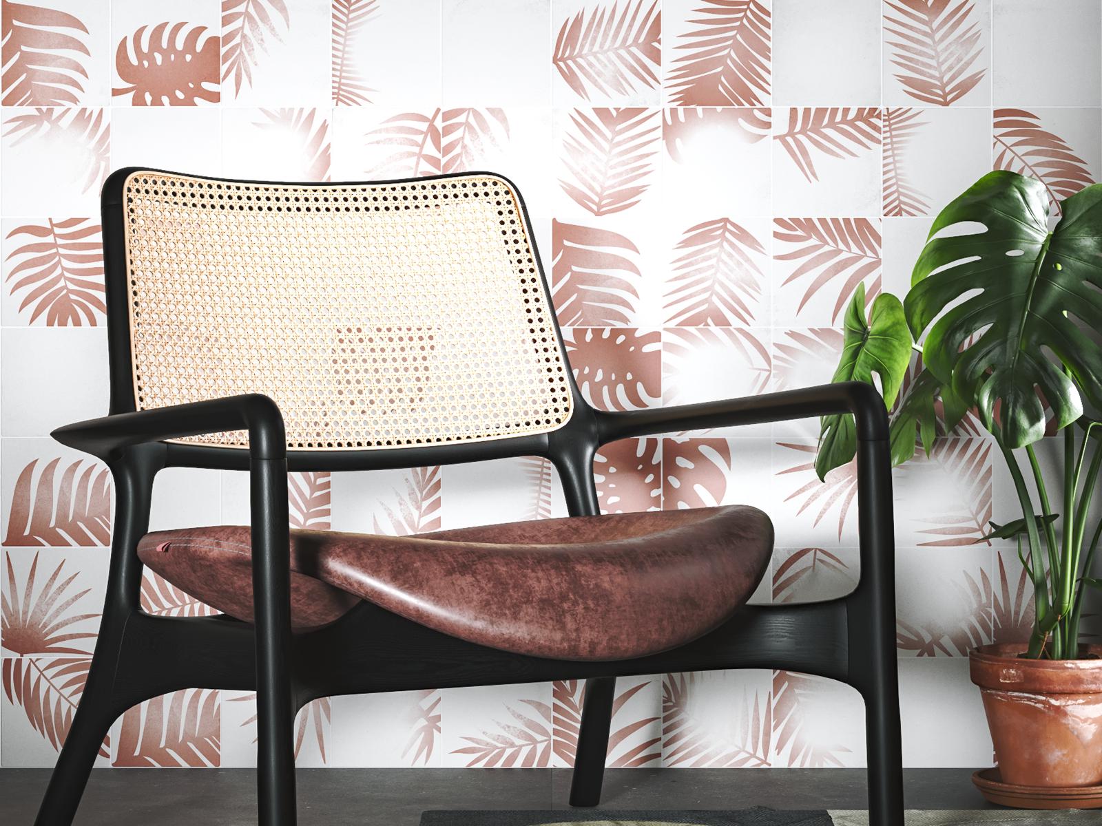 Pared realizada con azulejos hidráulicos de cemento blanco y diseño en color