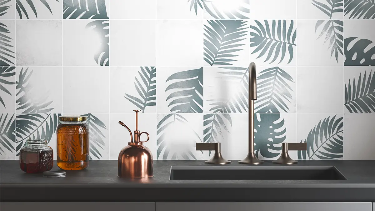 Pared de cocina revestida con azulejos hechos de cemento pulido