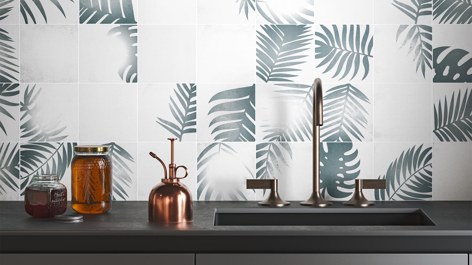 Pared de cocina realizada con azulejos hidráulicos de cemento pulido