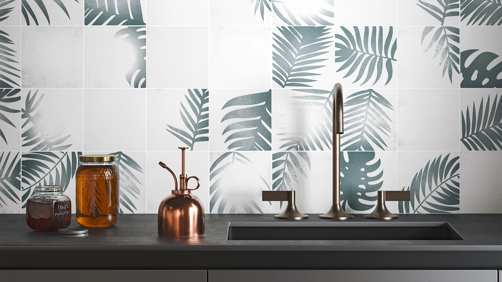 Pared de cocina realizada con azulejos hidráulicos de cemento pulido