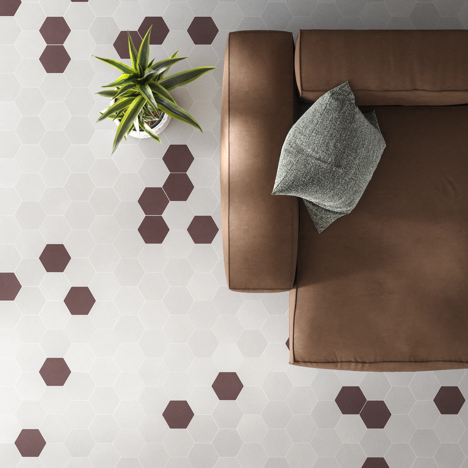 Pavimento efecto mosaico Suelo con baldosas hexagonales efecto mosaico de acabado cemento en colores blanco y rojo terracota con diseño moderno