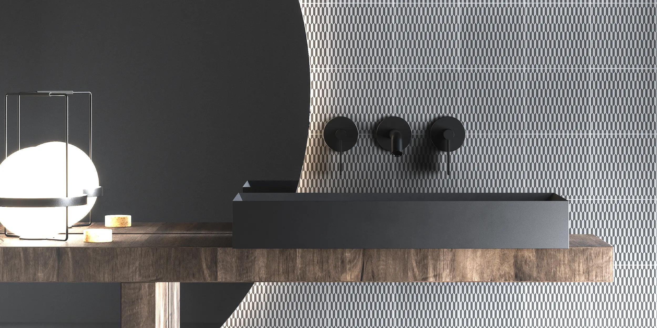 Azulejo gris natural • Serie Arena 15x15 Gris Antracita Revestimiento de baño realizado con azulejos de cemento auténtico con base de color gris natural y diseño antracita