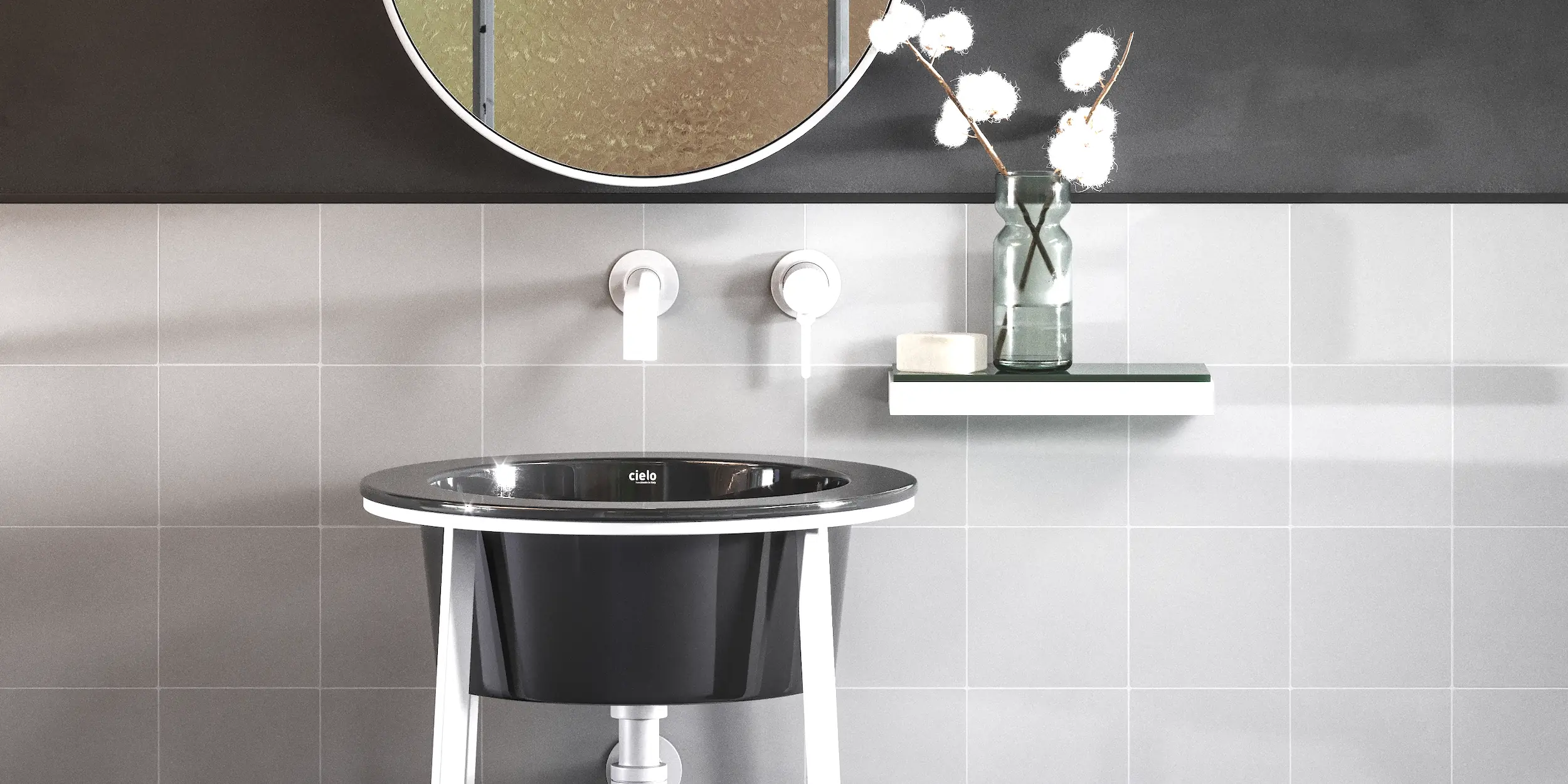 Azulejos baño blanco • Serie Urban 15x15 Cemento Blanco Pared de cuarto de baño con azulejos de cemento blanco de aspecto natural a media altura