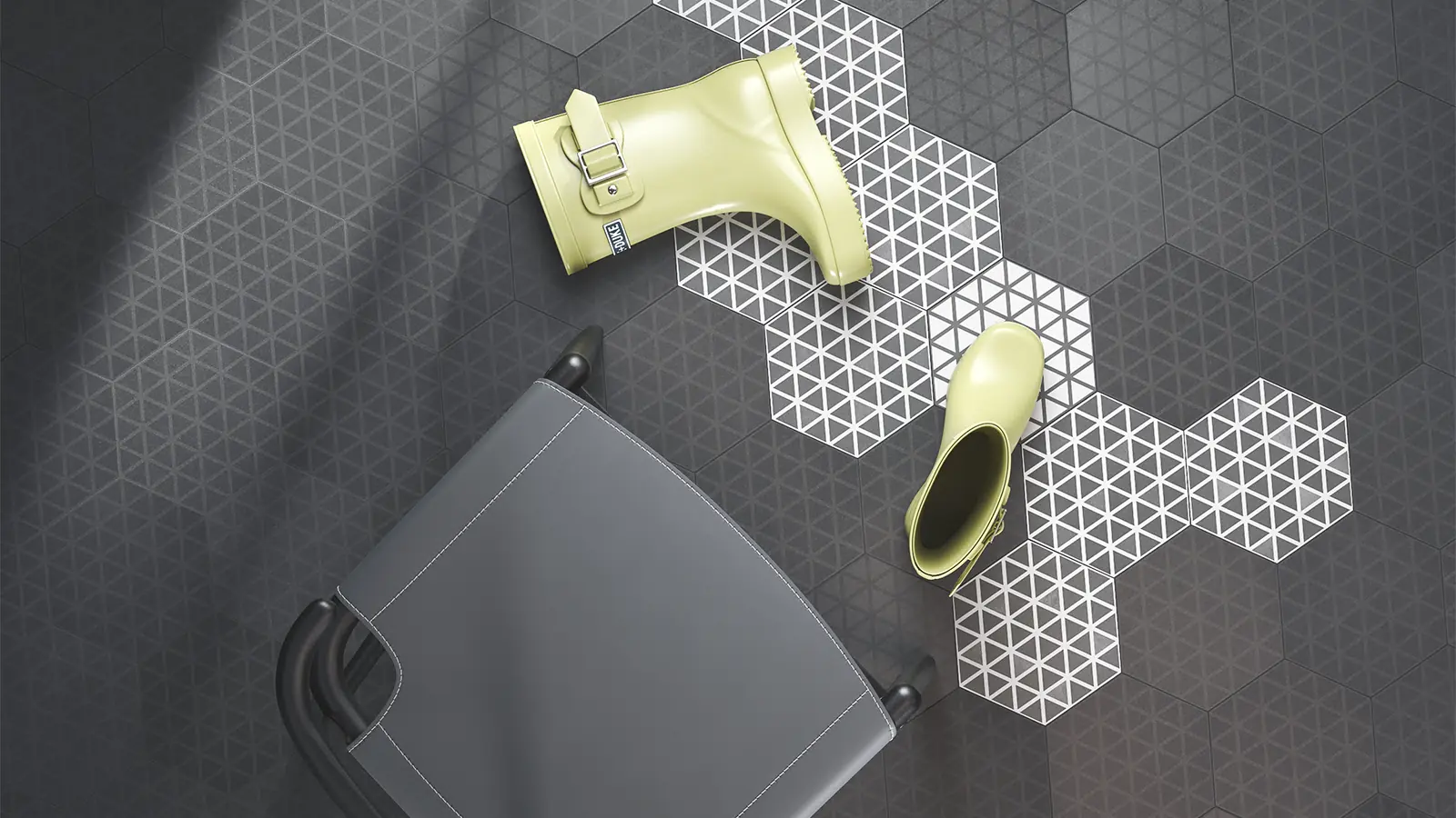 Suelo hecho de azulejos hexagonales blancos y negros