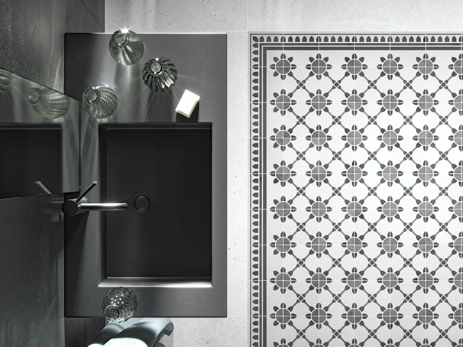 Suelo realizado con baldosas decorativas de color blanco