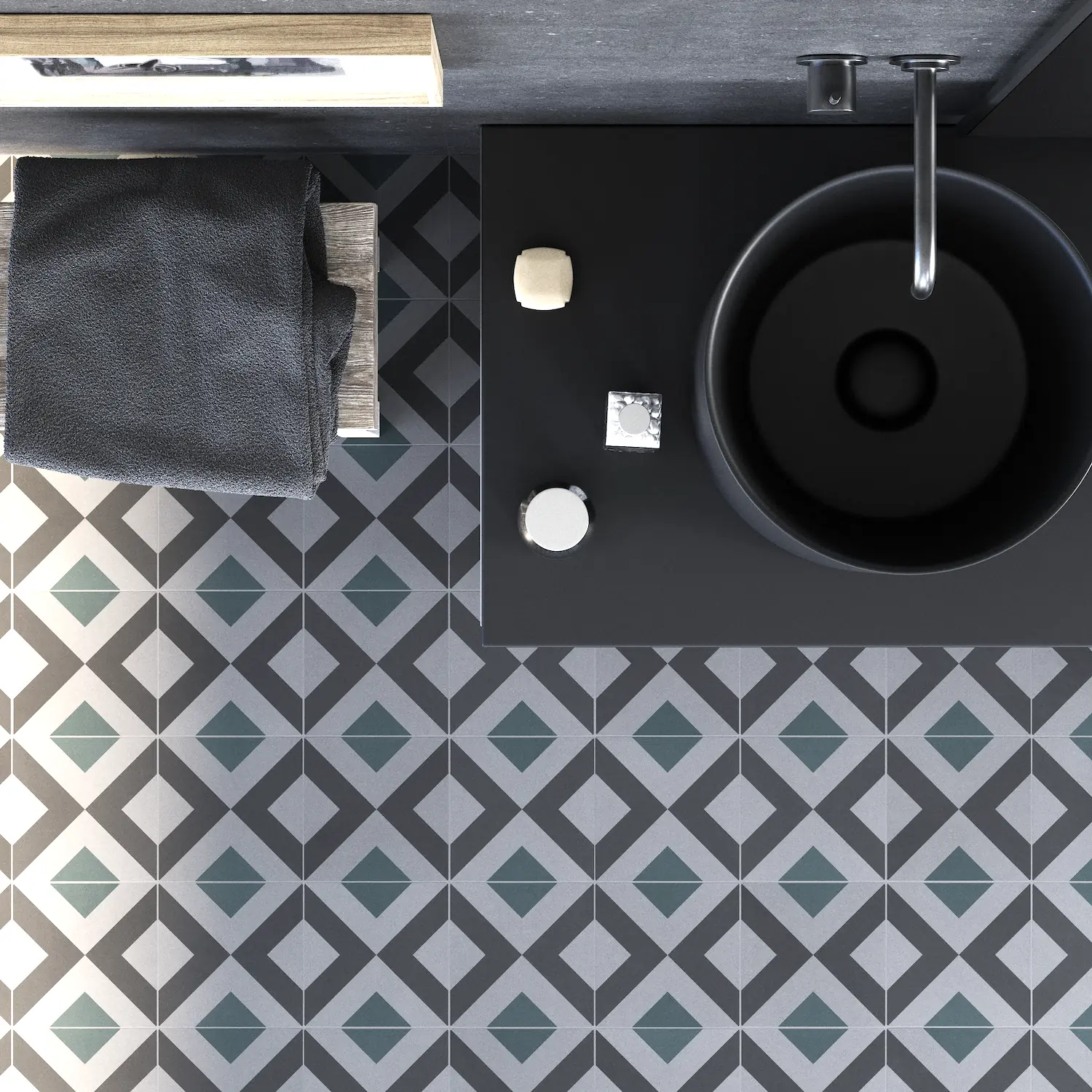 Suelo verde petróleo Suelo de baldosas hidráulicas de cemento natural de bajo espesor para baño moderno con diseño en color verde petróleo