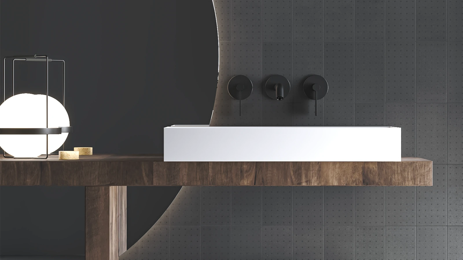 Baño realizado con azulejos hidráulicos de cemento en tonos oscuros