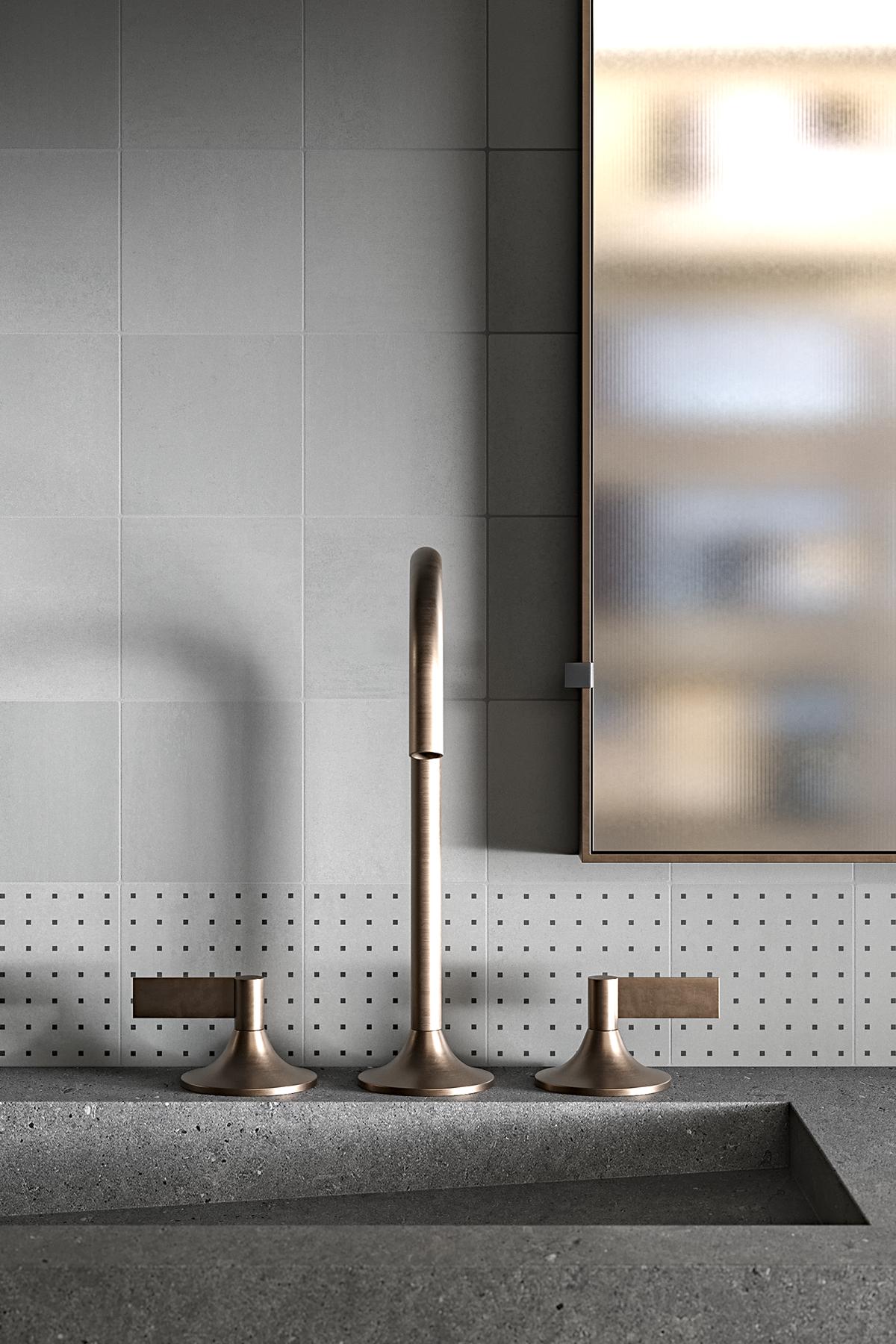 Pared y suelo realizados con azulejos efecto cemento Urban Dgeum en color gris, estilo urbano matérico para interior